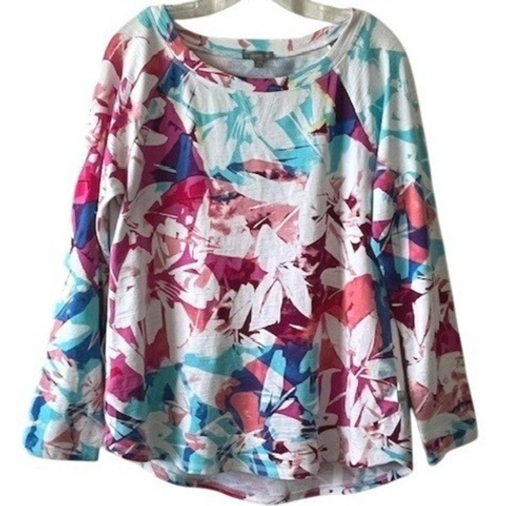 T by Talbots Women's Top M Multicolor Abstract Floral LS UPF 50+ Slub Terry